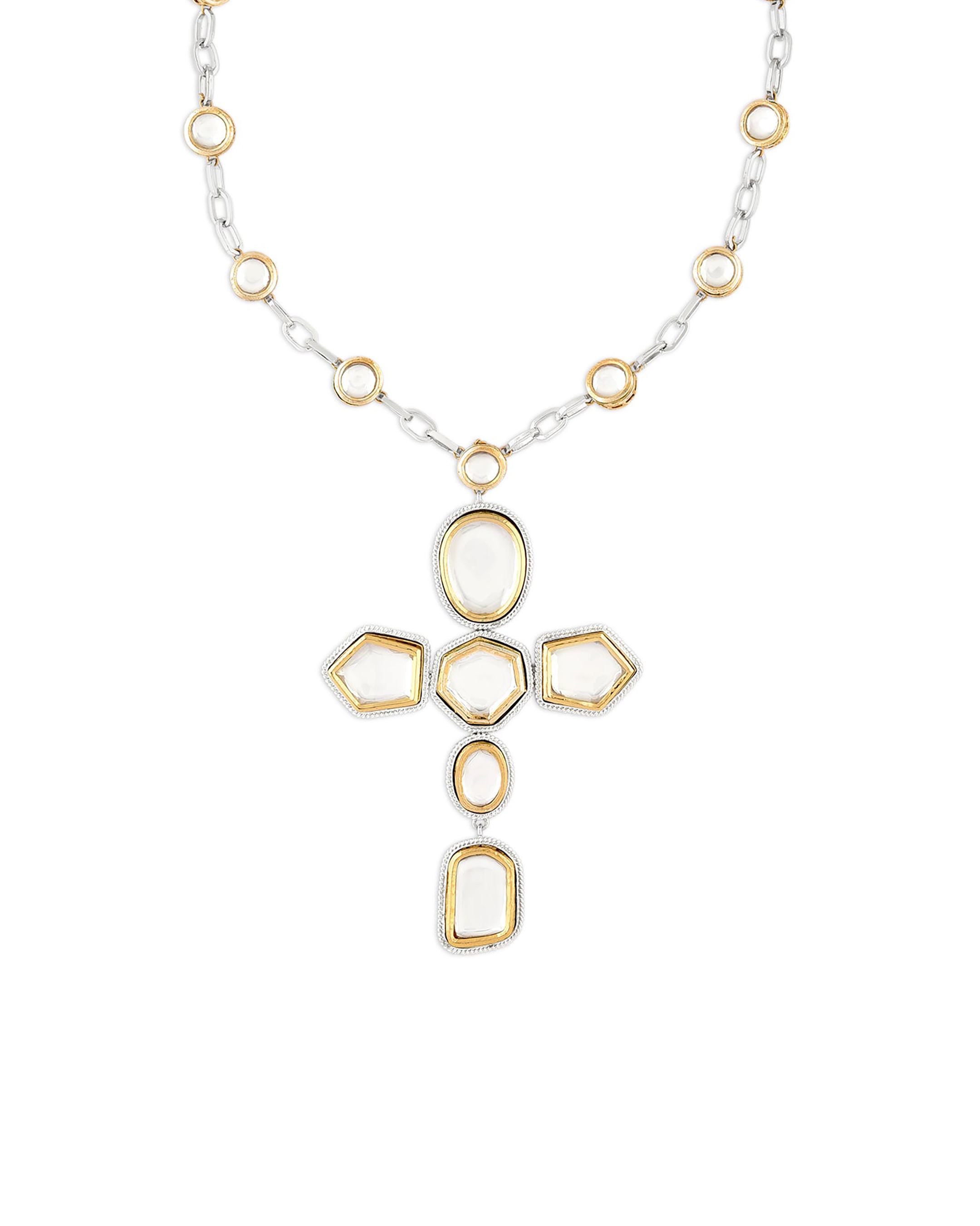 Gold & Silver Polki Cross Necklace