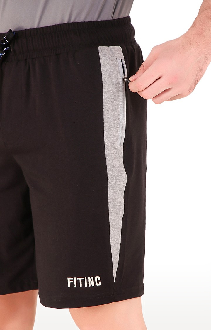Fitinc | Men's Black Cotton Blend Solid Activewear Shorts 4