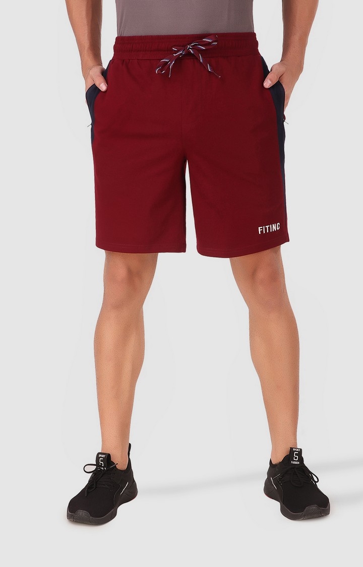 Fitinc | Men's Maroon Cotton Blend Solid Activewear Shorts 0