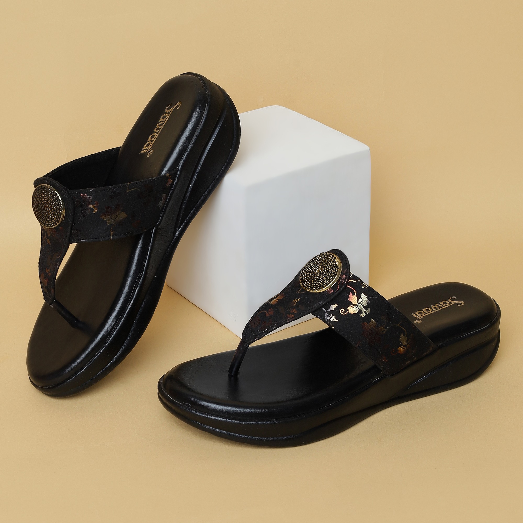Women's Black Wedge Sandals with Toe Ring | Stylish Floral Slip-On Comfort Footwear