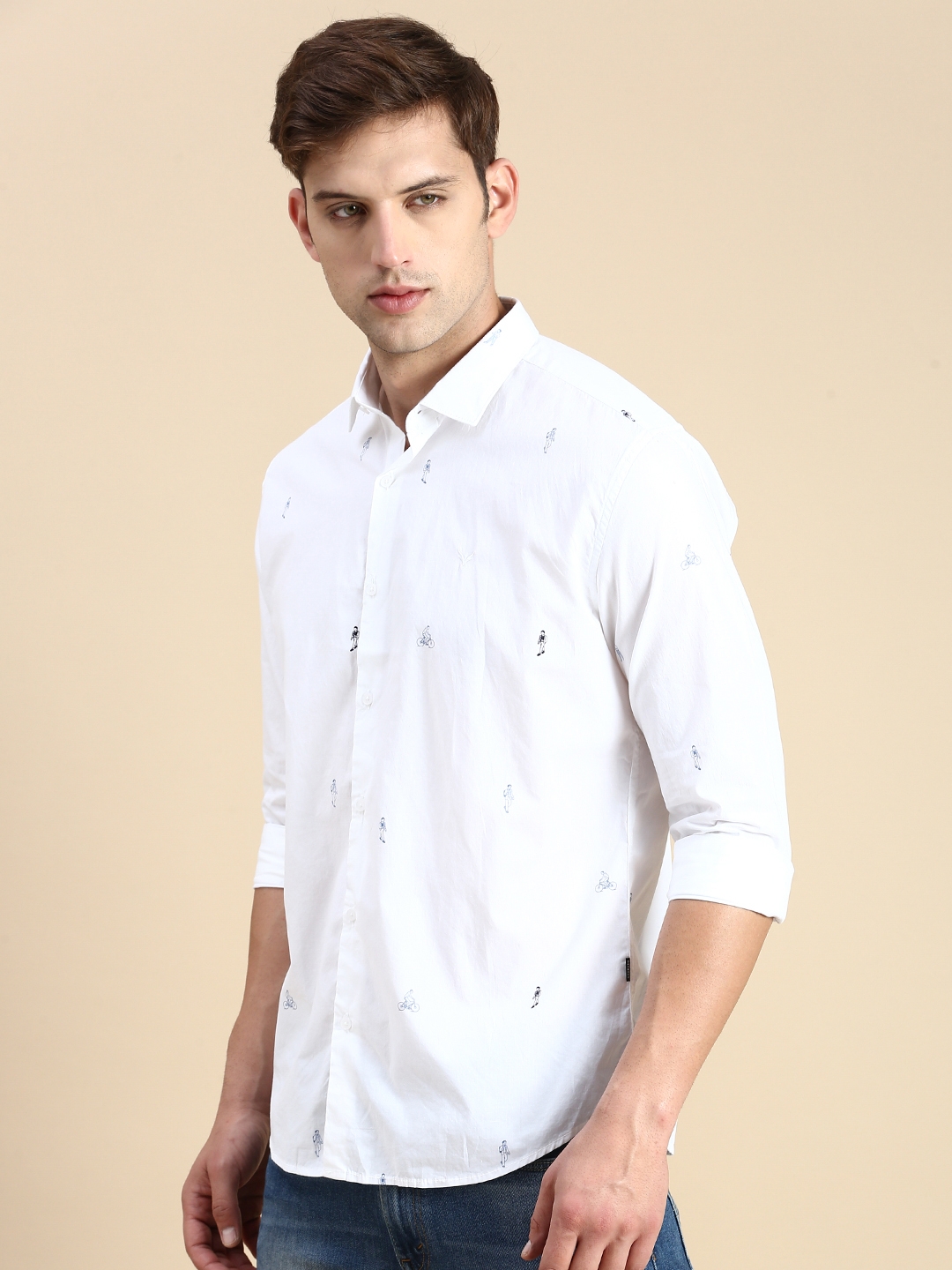 Showoff | SHOWOFF Men's Spread Collar White Slim Fit Printed Shirt 2