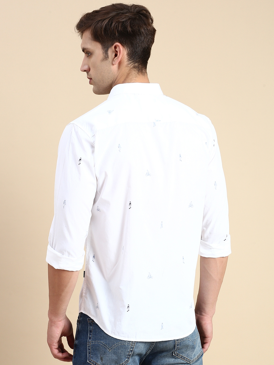 Showoff | SHOWOFF Men's Spread Collar White Slim Fit Printed Shirt 3