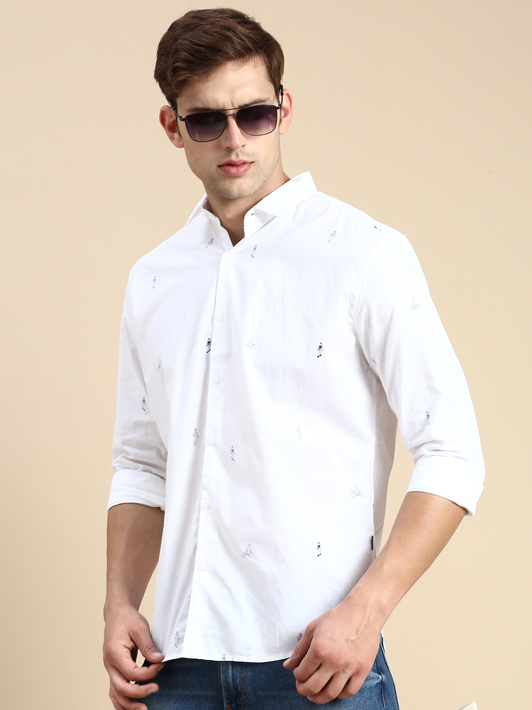 Showoff | SHOWOFF Men's Spread Collar White Slim Fit Printed Shirt 0