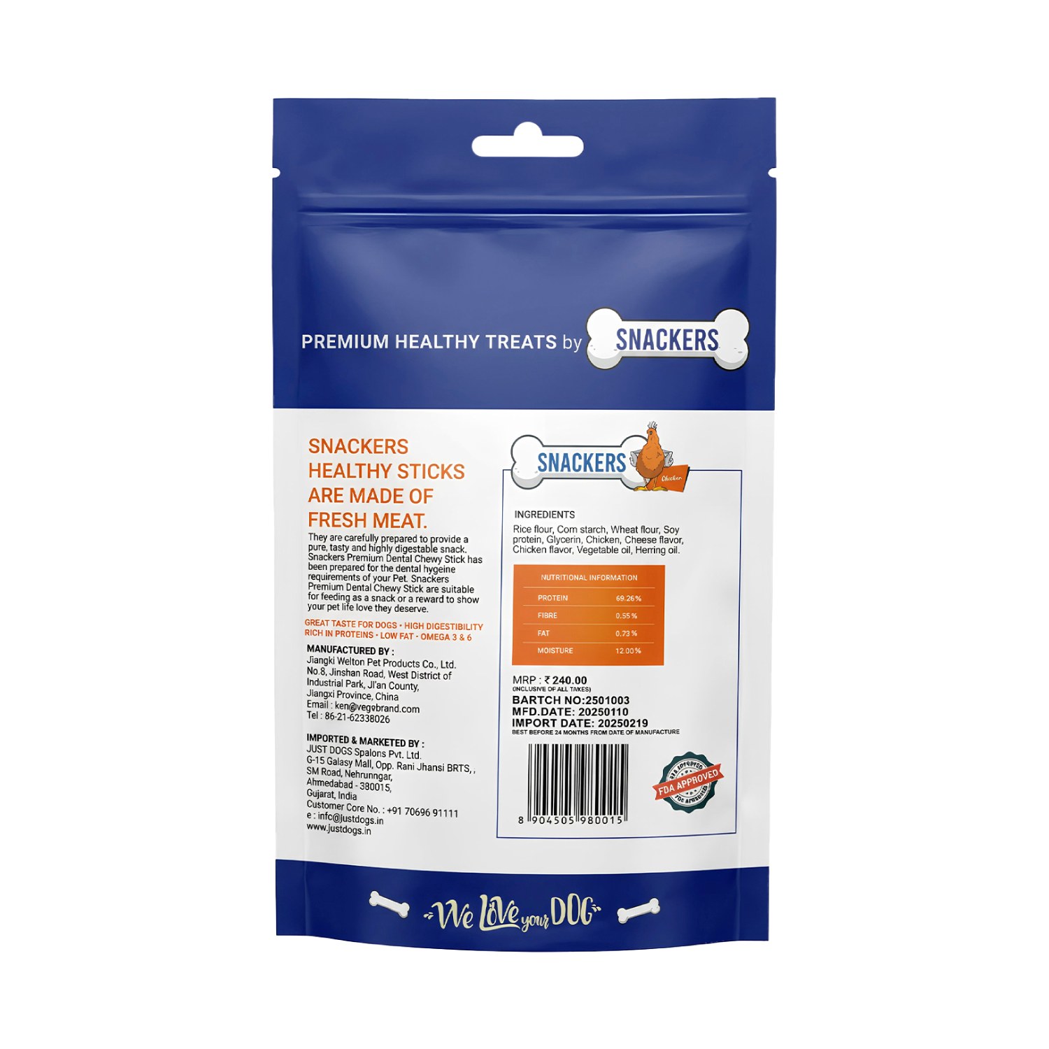 Snackers Dental Chew Stick Chicken Dog Treat