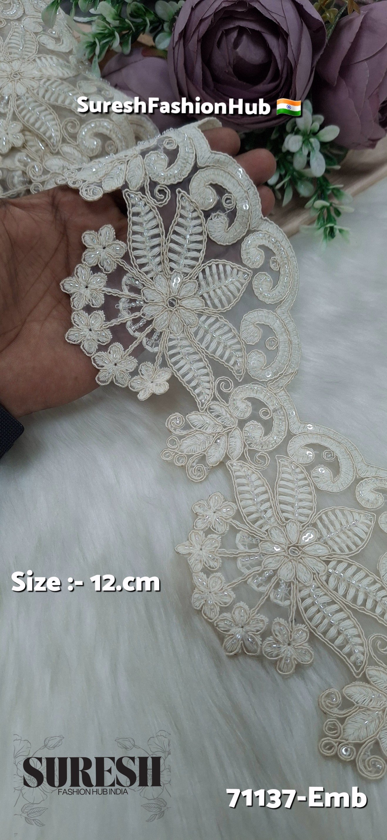 Ivory Royalty Grand Floral Beaded Lace – Off-White | 71137-Emb