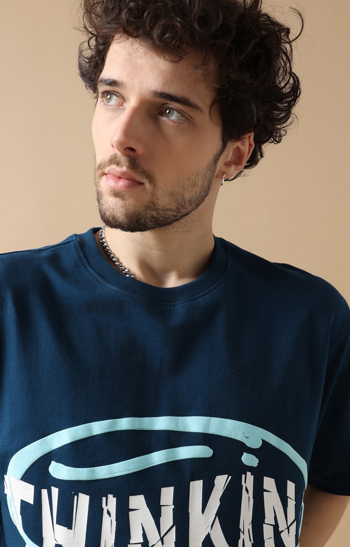 Men's Navy Blue Graphic Printed Oversized T-Shirt