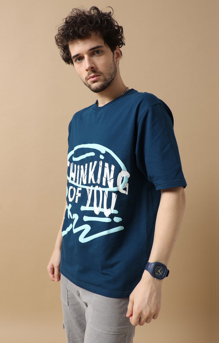 Men's Navy Blue Graphic Printed Oversized T-Shirt