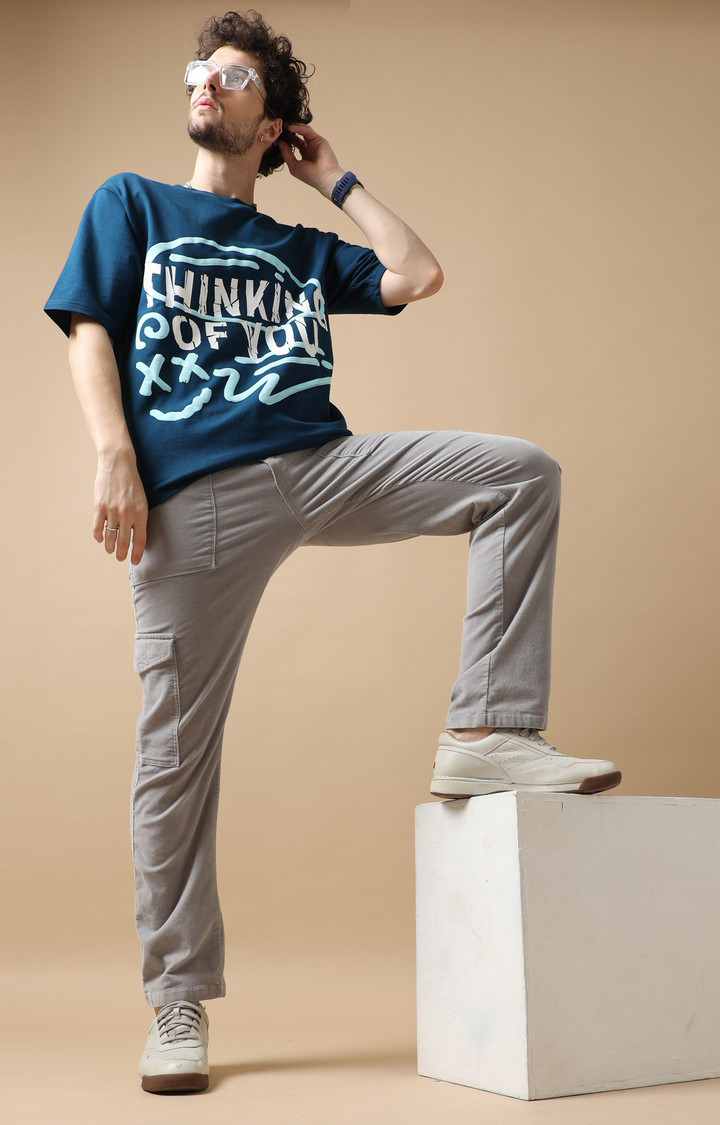 Men's Navy Blue Graphic Printed Oversized T-Shirt