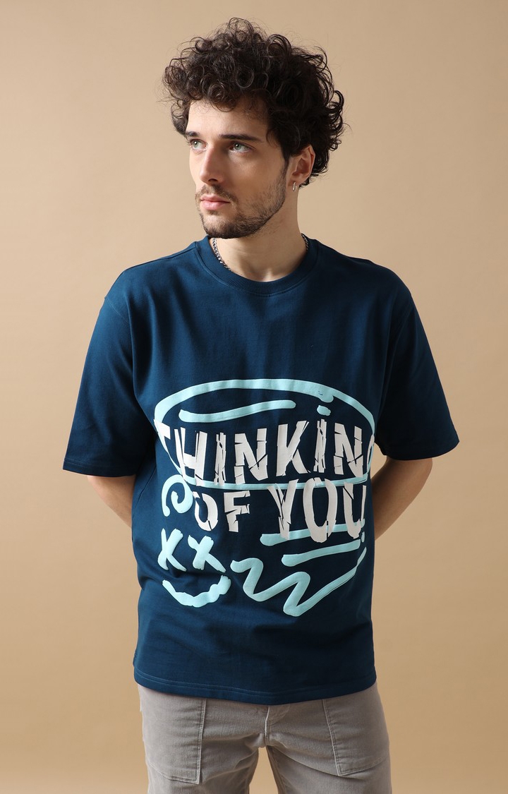 Men's Navy Blue Graphic Printed Oversized T-Shirt
