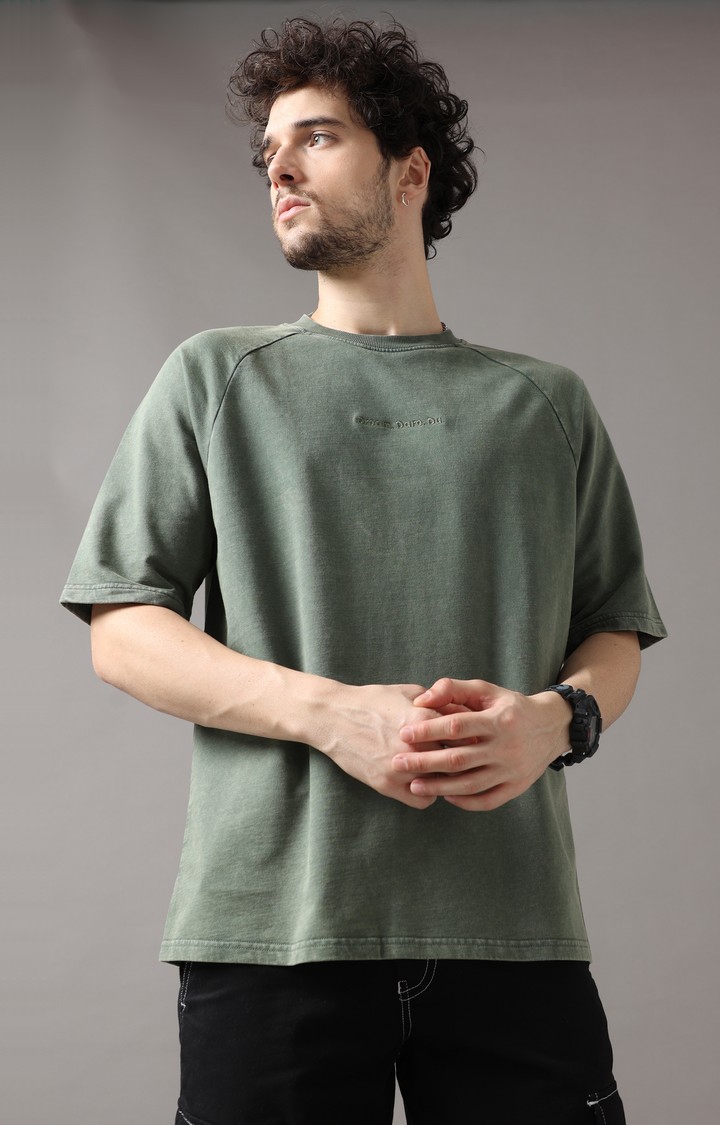 VUDU | Men's Olive Green Solid Oversized T-Shirt