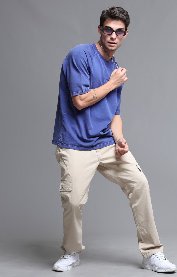 Men's Blue Solid Oversized T-Shirt