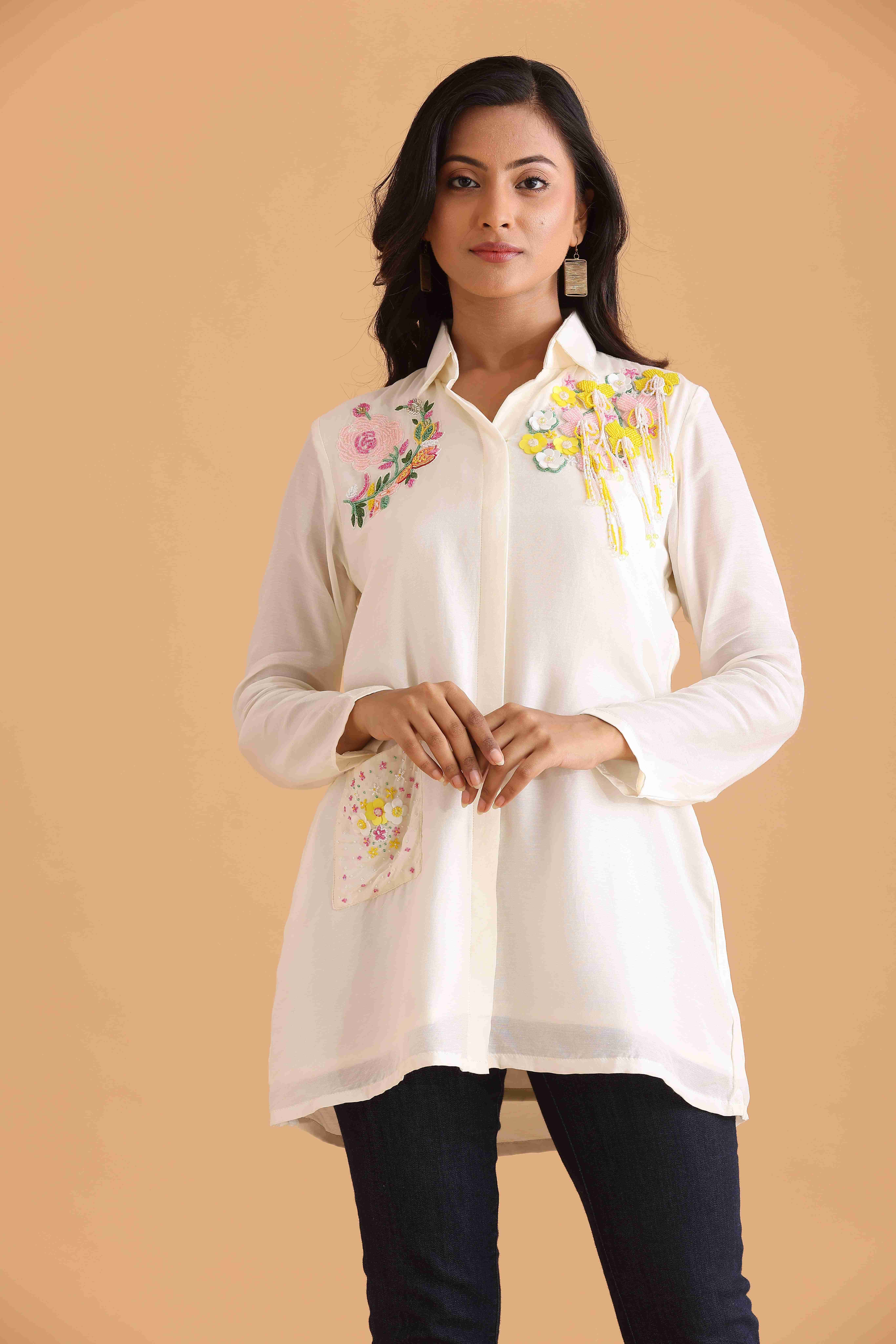 Ivory Floral Embroidered Tunic Shirt