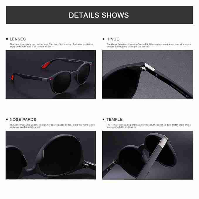 AUGEN Unisex Polarized Sunglasses With Round Black Frame & Black Lenses