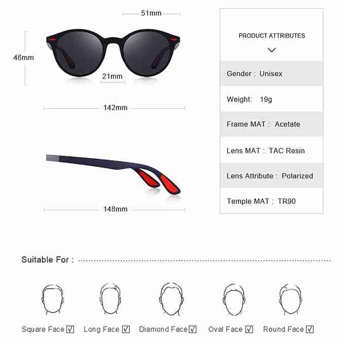 AUGEN Unisex Polarized Sunglasses With Round Black Frame & Black Lenses