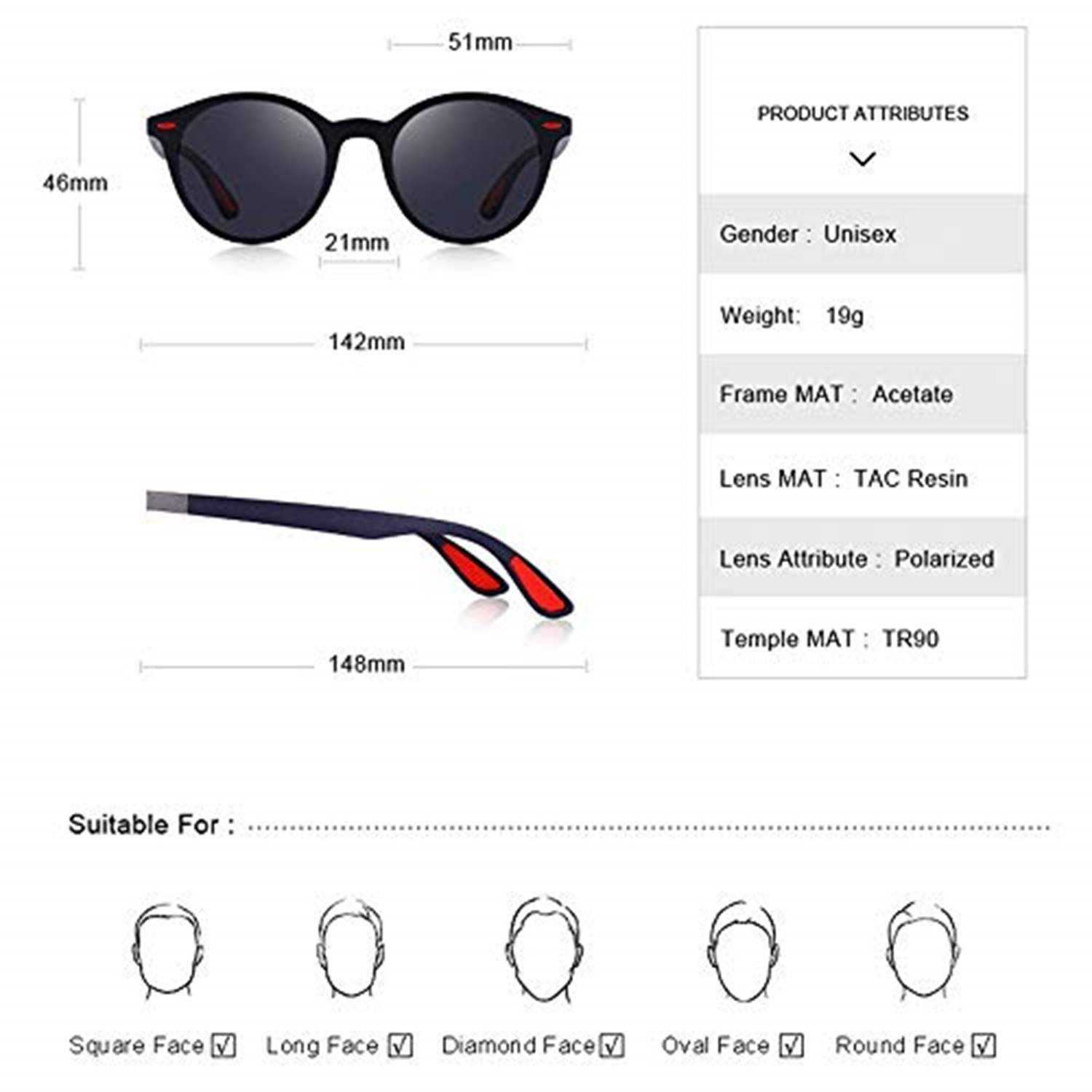 AUGEN Unisex Adult Round Sunglasses (Black Frame, Green Lens) (Medium) - Pack of 1