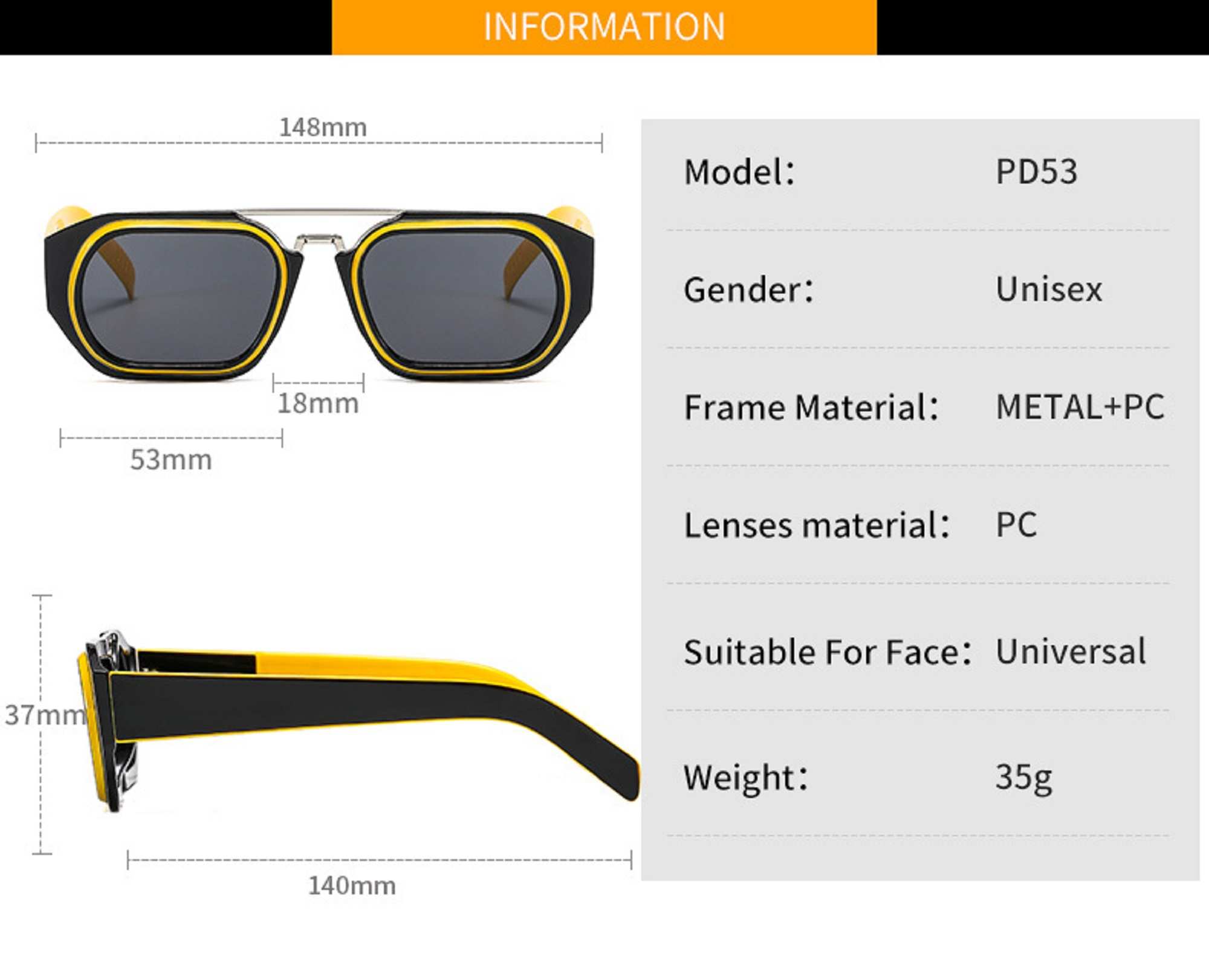 AUGEN By Visions India Retro Vintage Square Abstract Unisex Yellow Sunglasses UV400 Protected Medium Size (C1, 118)- Pack of 1