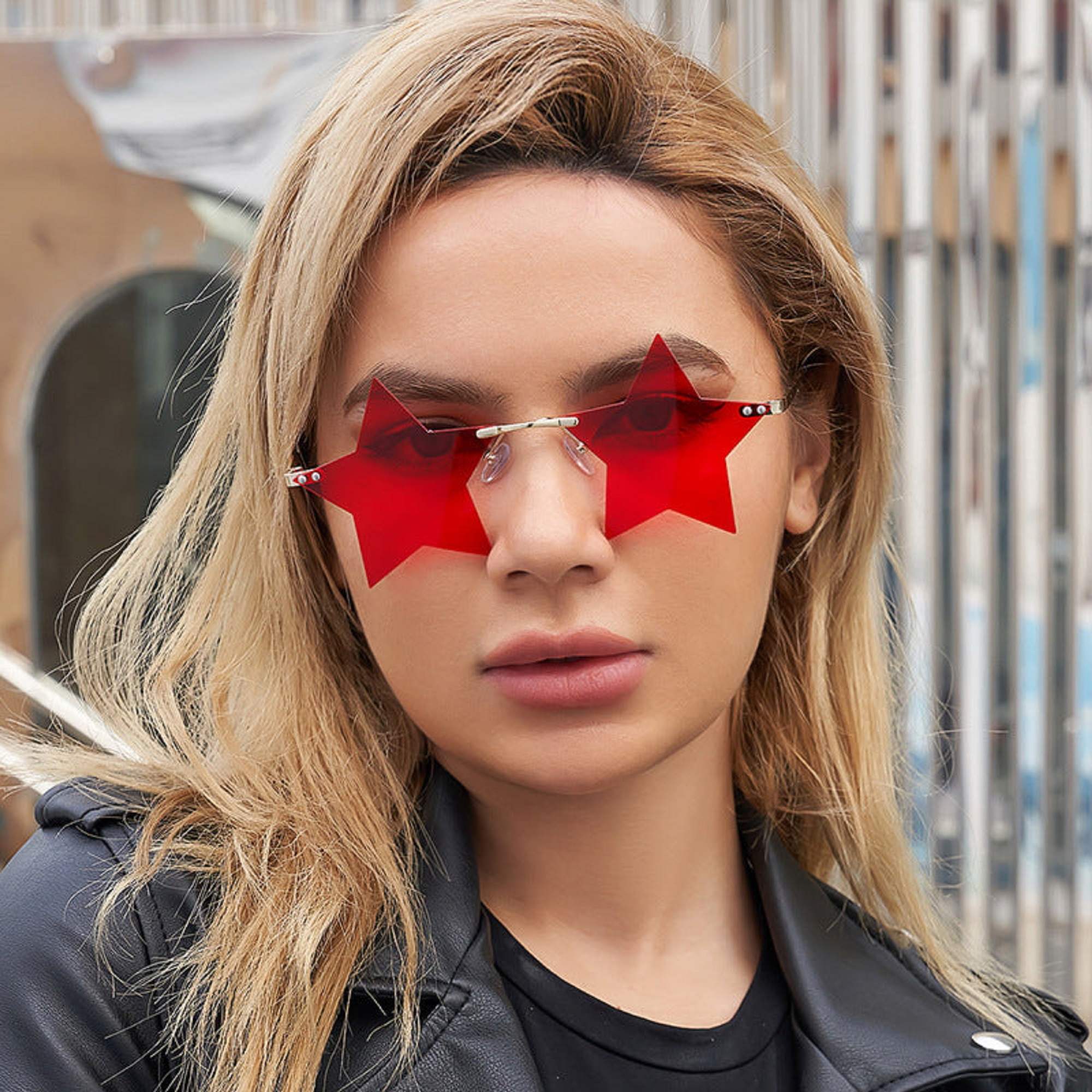 AUGEN By Visions India Retro Vintage Star Shape Rimless Abstract Party Unisex Sunglasses UV400 Protected Medium Size (C10, 145) Pink - Pack of 1