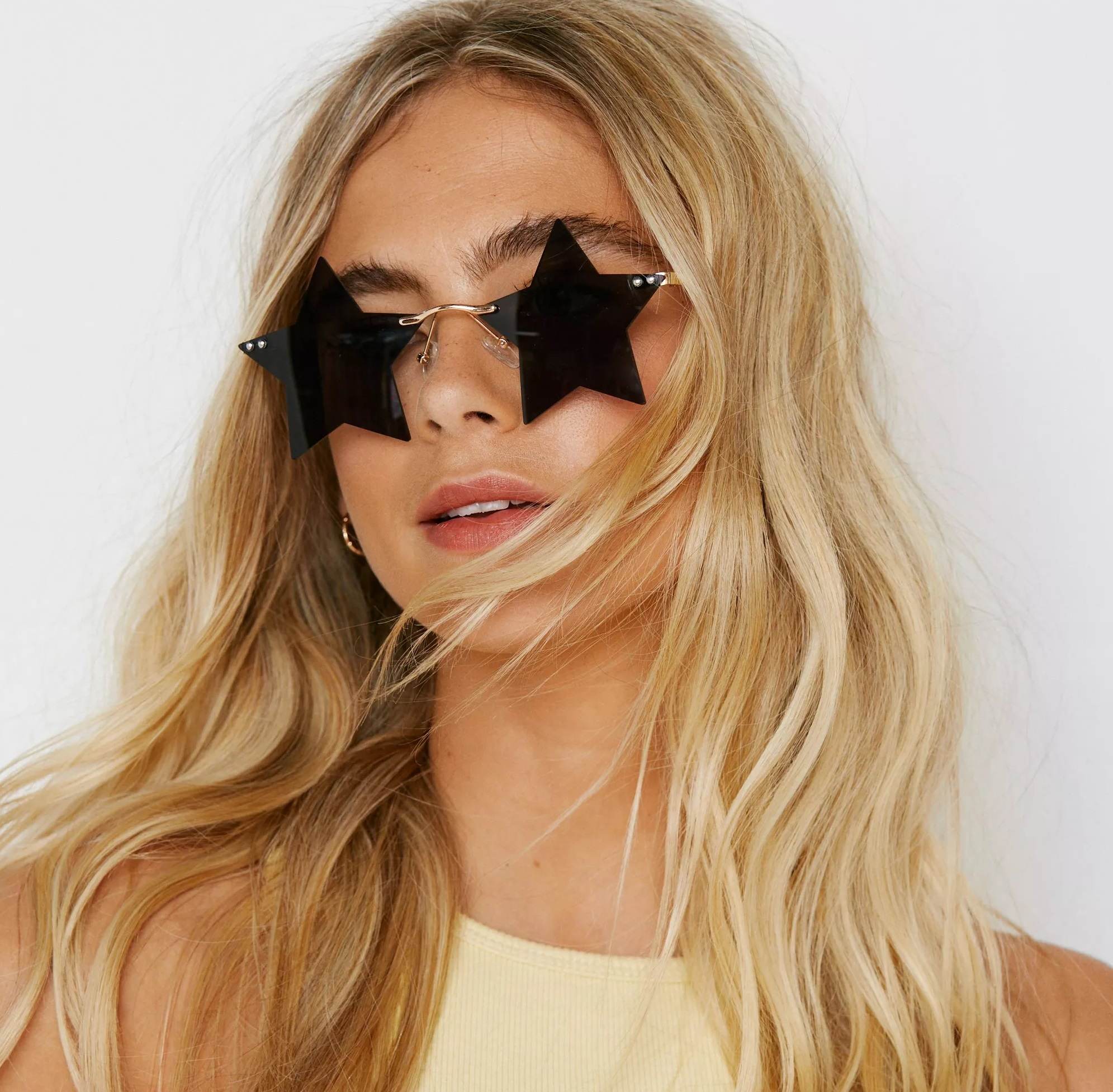 AUGEN By Visions India Retro Vintage Star Shape Rimless Abstract Party Unisex Sunglass UV400 Protected Medium Size (C7, 145) Yellow - Pack of 1