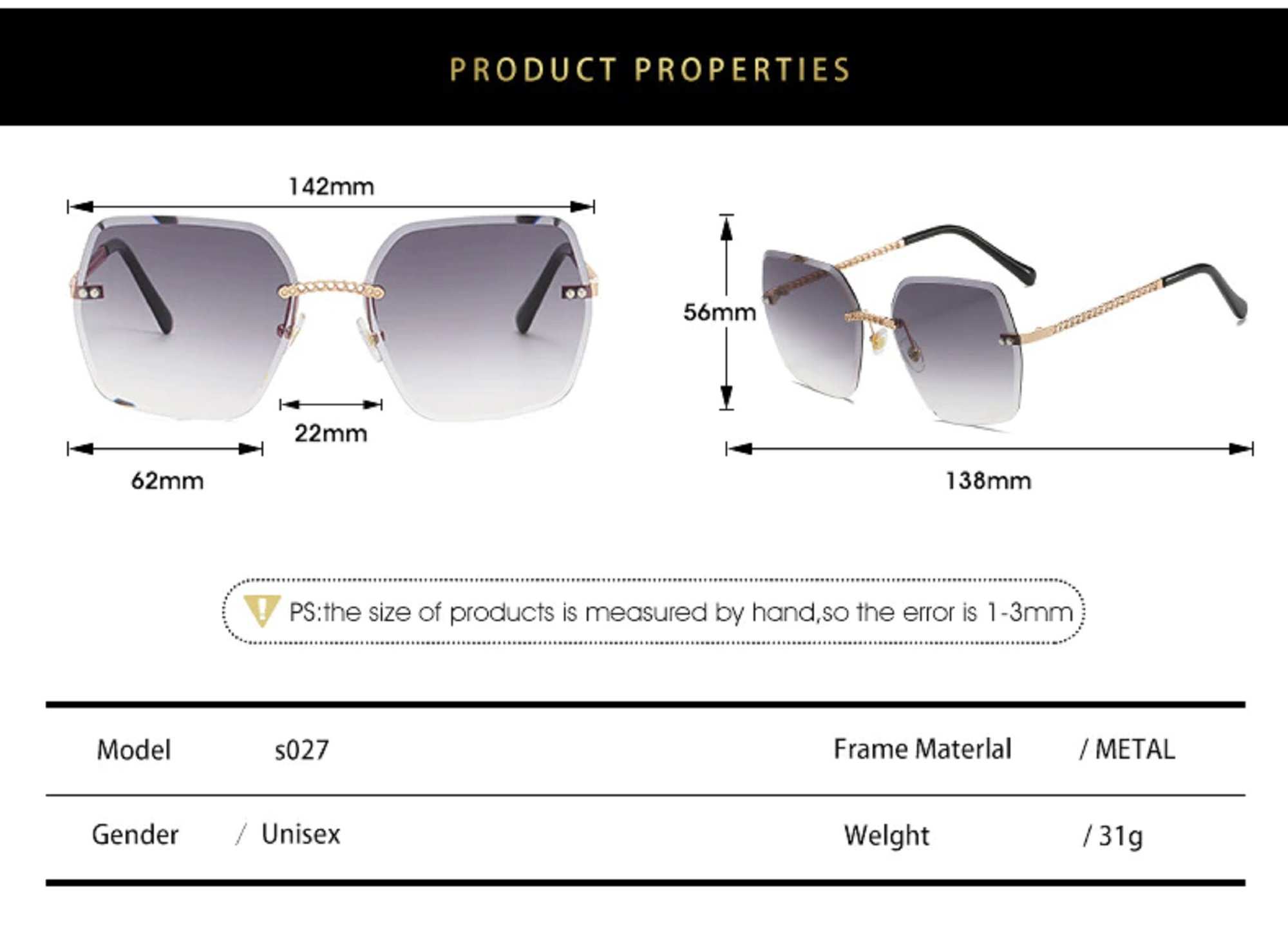 AUGEN By Visions India Retro Vintage Rimless Square Abstract Unisex Sunglasses UV400 Protected Medium Size (C1, 148)