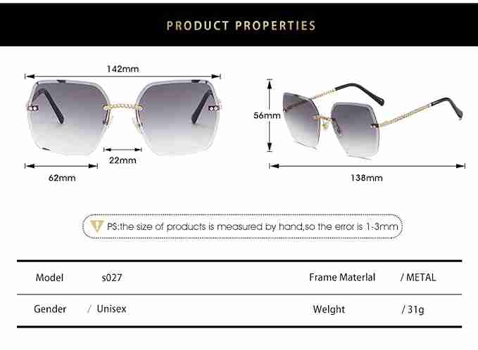 AUGEN By Visions India Retro Vintage Rimless Square Abstract Unisex Sunglasses UV400 Protected Medium Size (C8, 148)