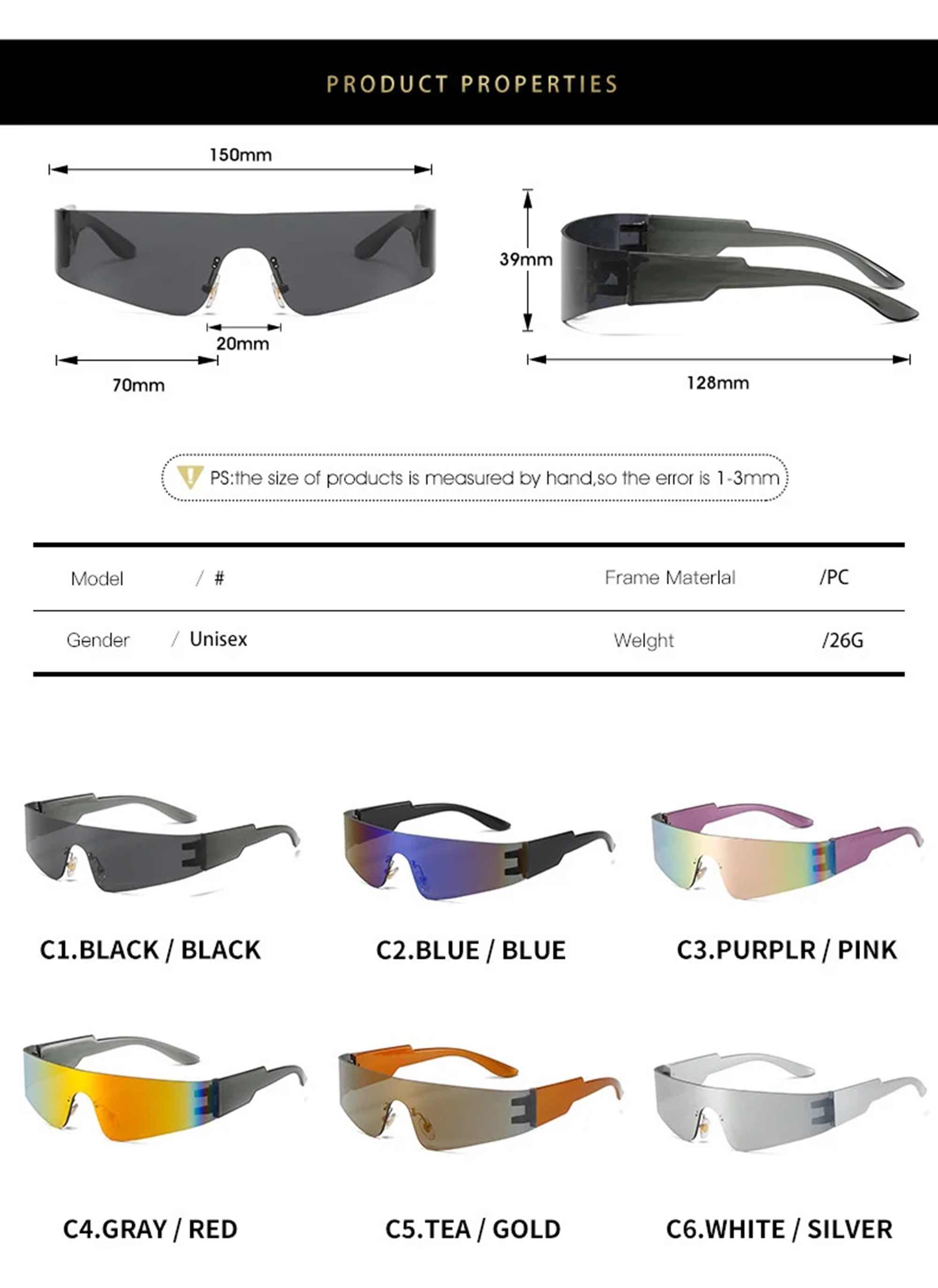 AUGEN By Visions India Y2K Rimless Futuristic Wrap Around Sunglasses, Trendy Cyberpunk Visor Sunglasses Monoblock Cyclops Shades UV 400 Protection Abstract Unisex Sunglasses Medium (C4, 156)