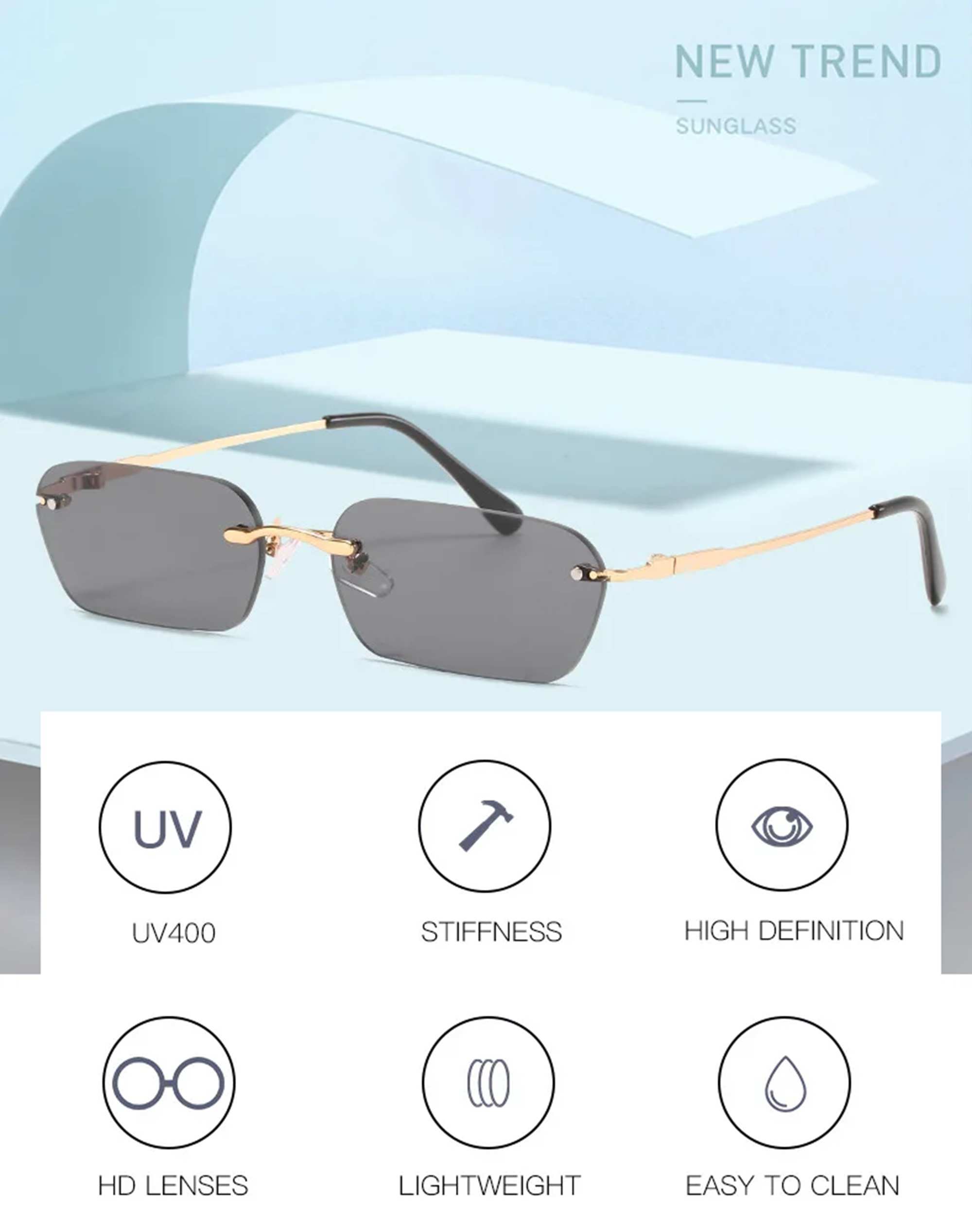 AUGEN By Visions India Retro Vintage Rimless Square Abstract Unisex Sunglasses UV400 Protected Small Size (C6, 164)