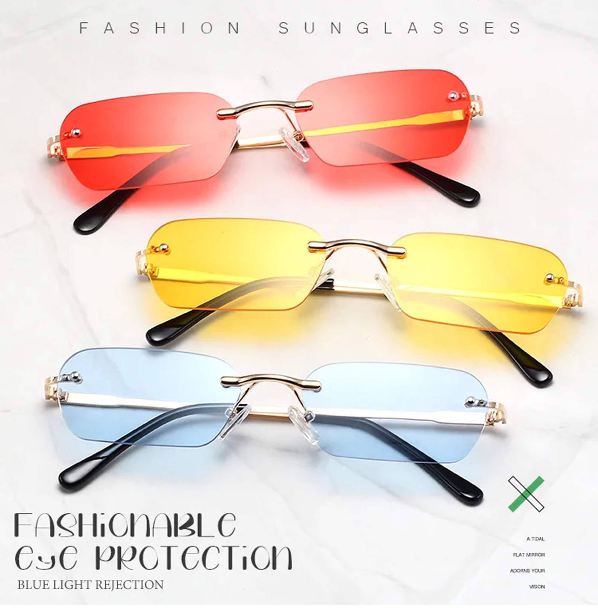 AUGEN By Visions India Retro Vintage Rimless Square Abstract Unisex Sunglasses UV400 Protected Small Size (C6, 164)