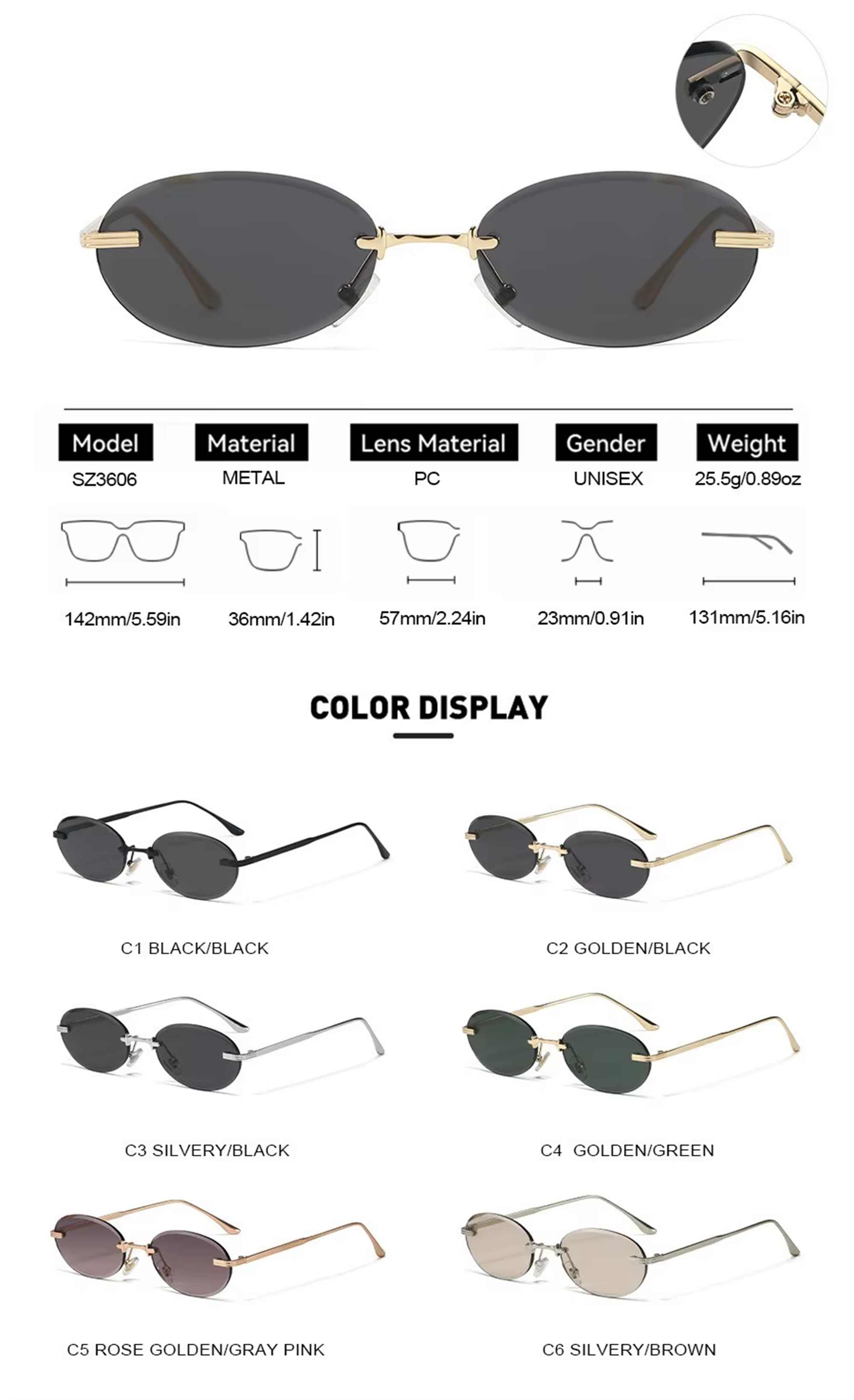 AUGEN Retro Oval Rimless Sunglasses for Men & Women | UV400 Protection | Lightweight Vintage Metal Frame Stylish Shades | Trendy Unisex Eyewear for Travel, Beach, Driving (M242-C2)