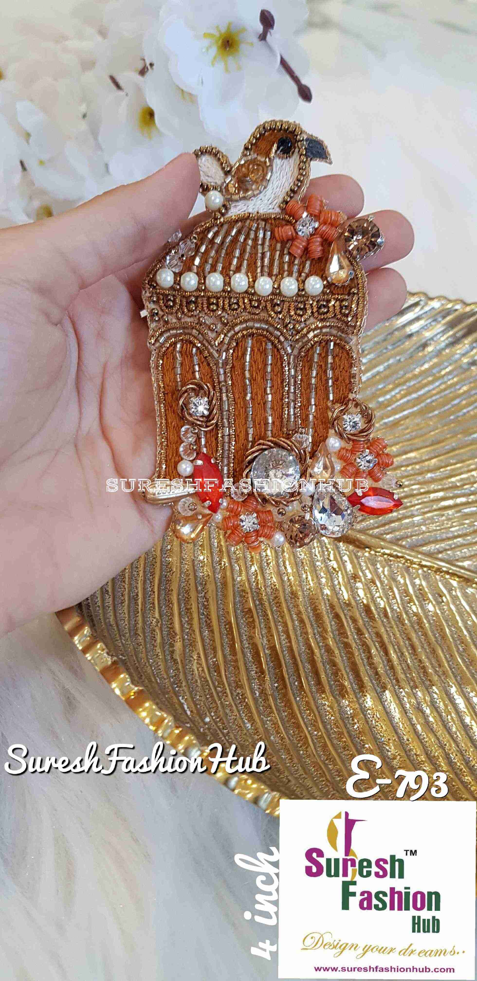 Heavily Embellished Bird Cage Orange Color Designer Patch