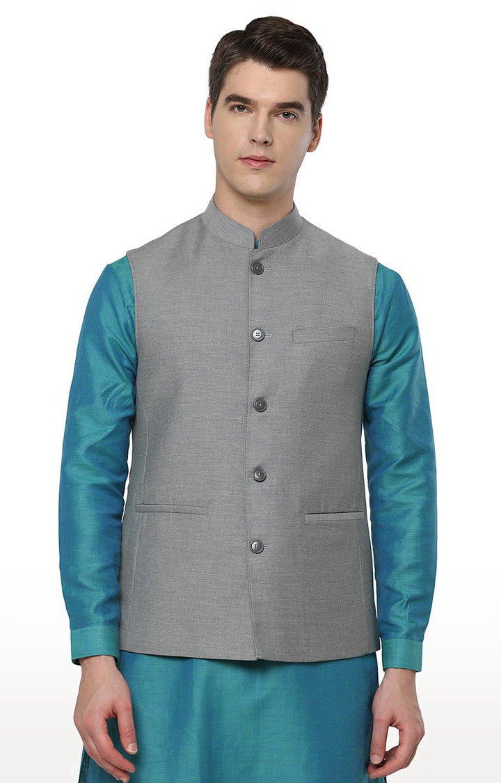 JadeBlue | MJK217-GRAY PLAIN Men's Grey Wool Solid Ethnic Jackets 0