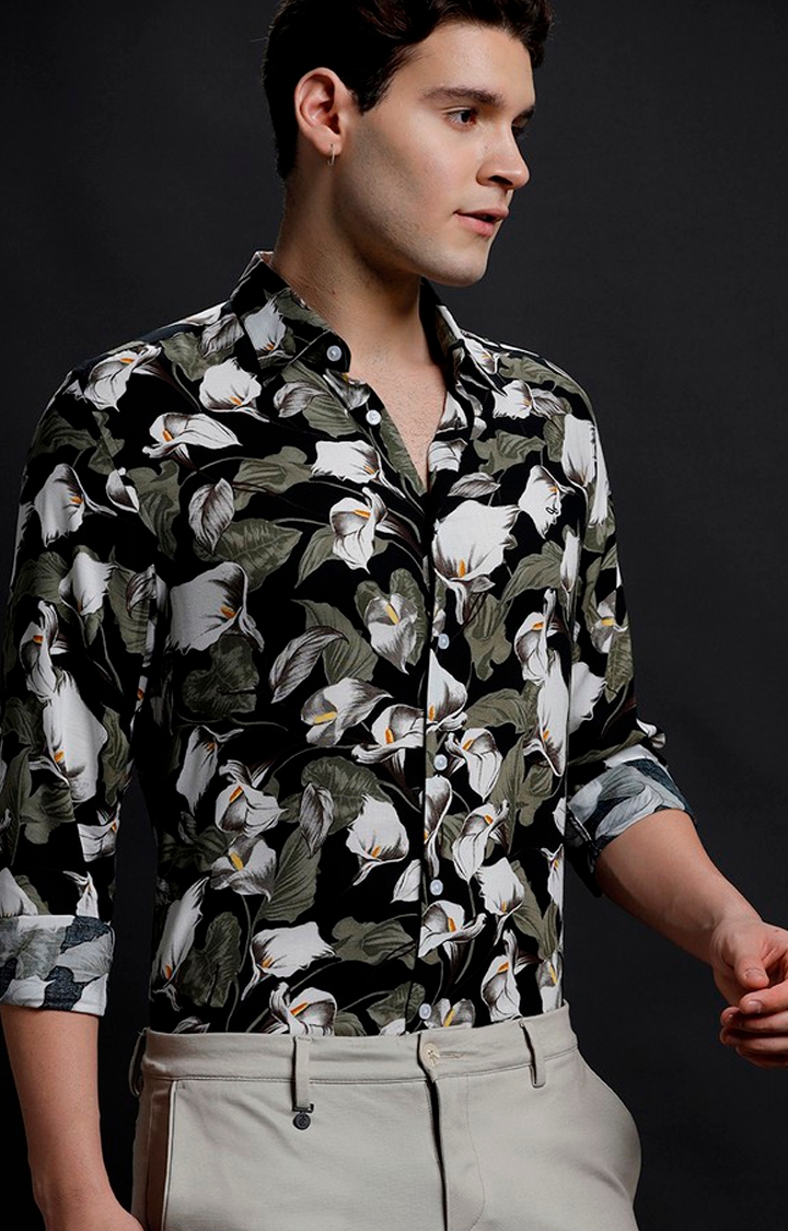 Aldeno | Men's Black Viscose Floral Casual Shirt
