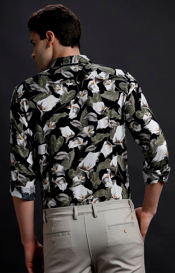 Men's Black Viscose Floral Casual Shirt