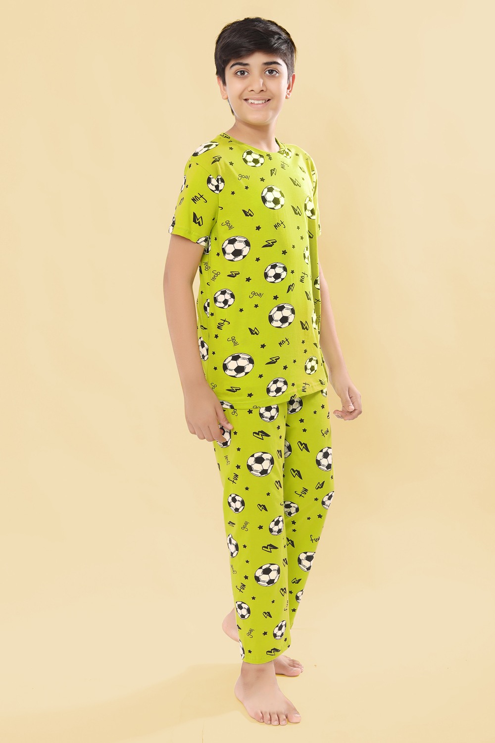 Ninos Dreams Boys 100 % Cotton Knit Half sleeves Coord Set with T-Shirt & Lower Football Print-Green