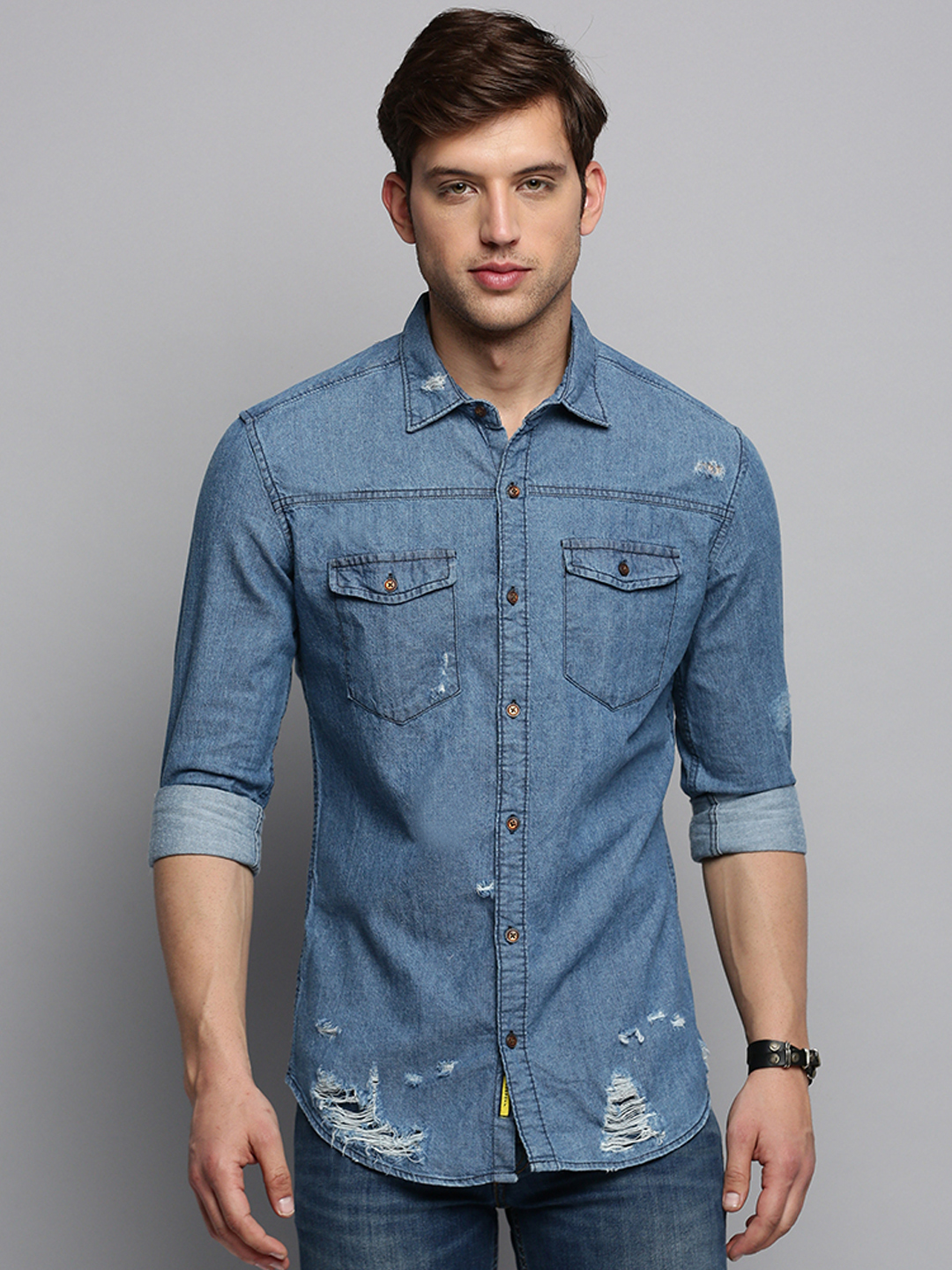 SHOWOFF Men's Spread Collar Solid Blue Classic Shirt
