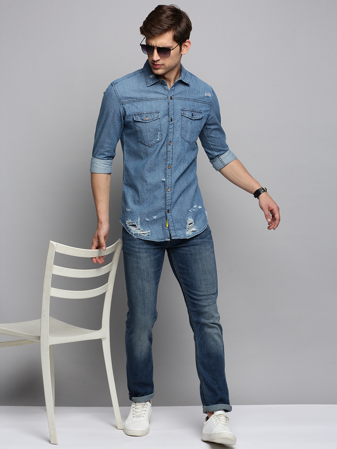 SHOWOFF Men's Spread Collar Solid Blue Classic Shirt