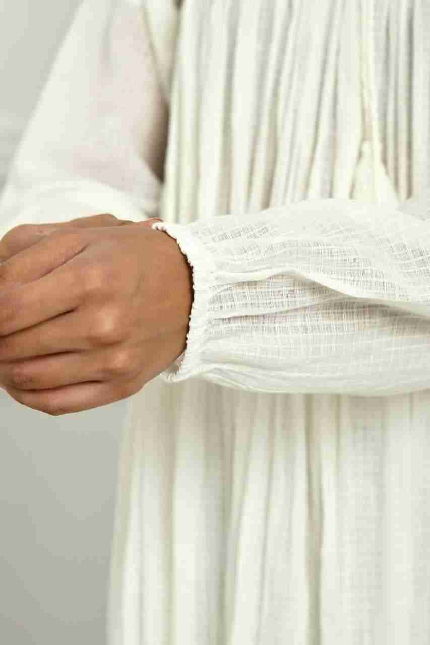 Naksh Plain White Pure Cotton Kota Long Gathered Kurta And Pants (Set of 2)
