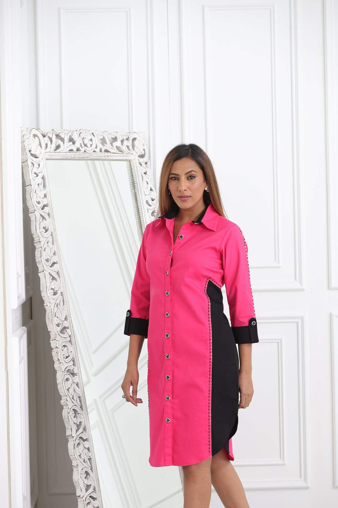 Pink and black shirt dress