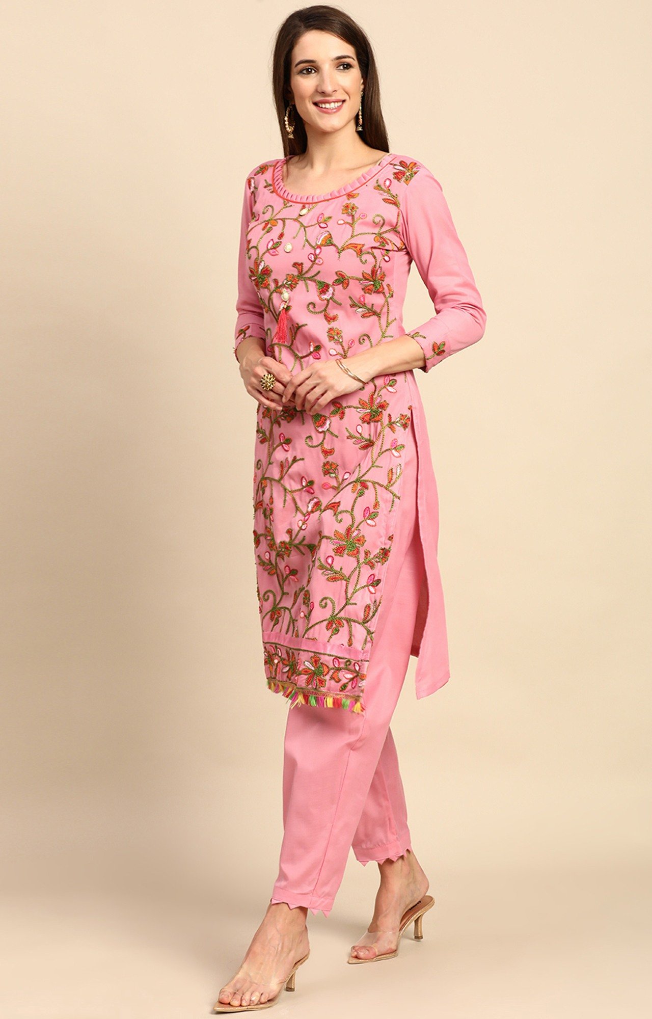 Shaily Women Pink Color Cotton Embroidered With Tessels Unstitched Dress Material-VF_LILY_PNK_DM