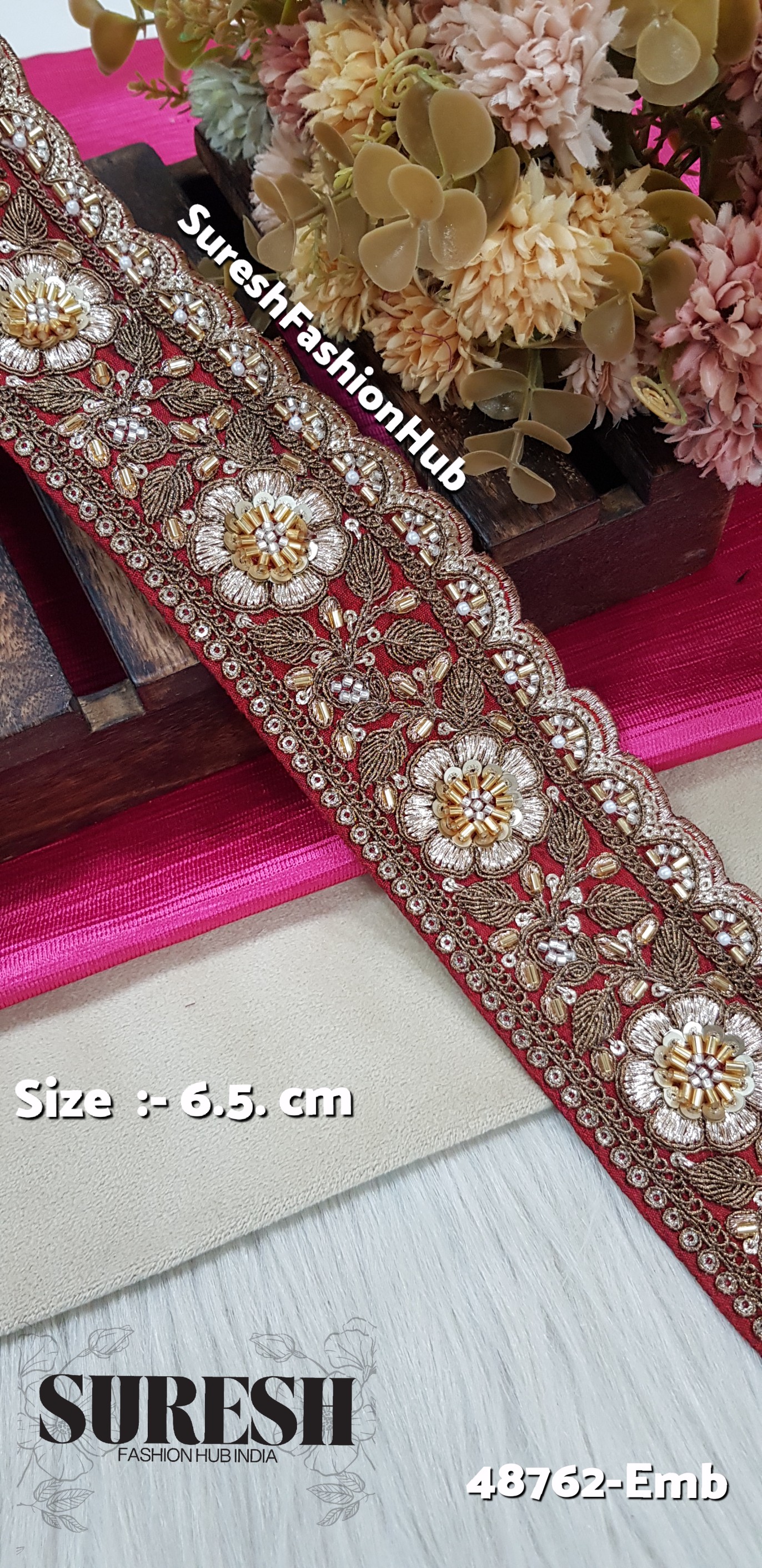 Maroon Bloomshine Machine Hand Embroidery Border – 48762-Emb