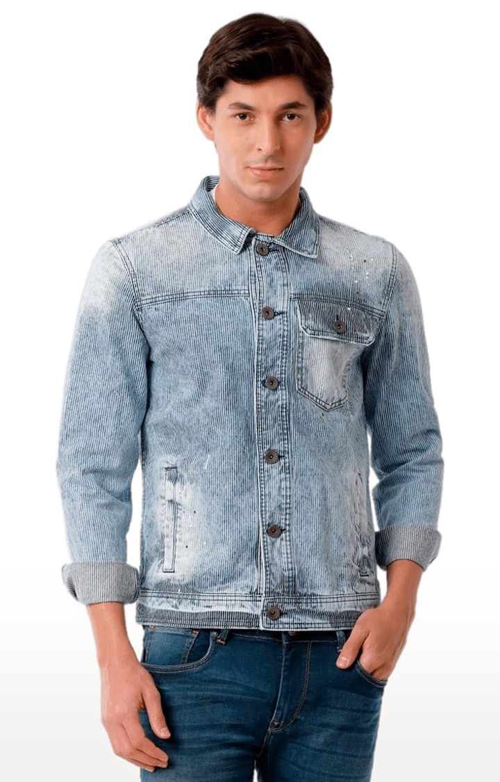 Voi Jeans | Men's Ice Blue Cotton Textured Denim Jacket 0