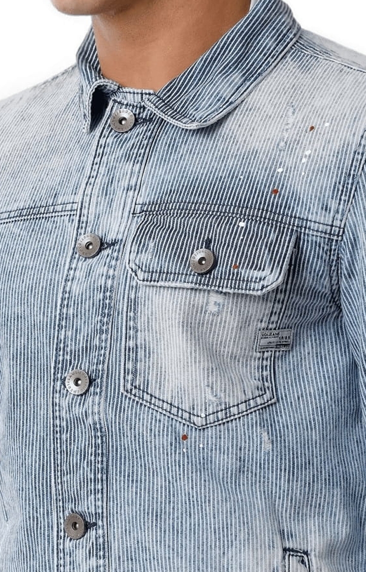 Voi Jeans | Men's Ice Blue Cotton Textured Denim Jacket 4