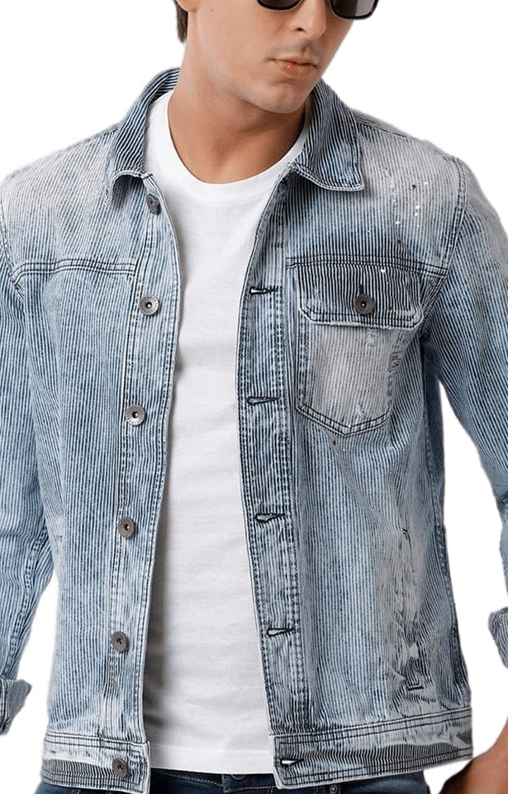 Voi Jeans | Men's Ice Blue Cotton Textured Denim Jacket 3