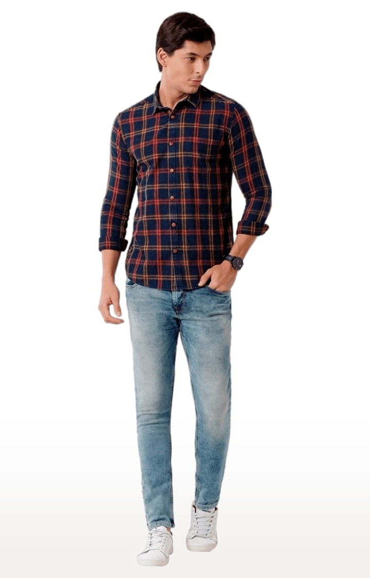 Voi Jeans | Men's Indigo Cotton Checkered Casual Shirt 1