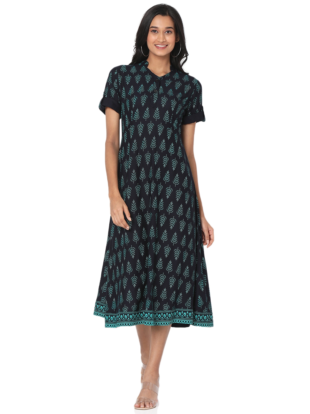 Smarty Pants | Smarty Pants women's cotton fabric green color alpine tree printed dress. 0