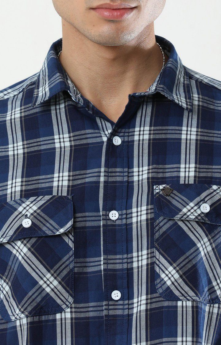 Men's Navy Blue Checked Casual Shirt