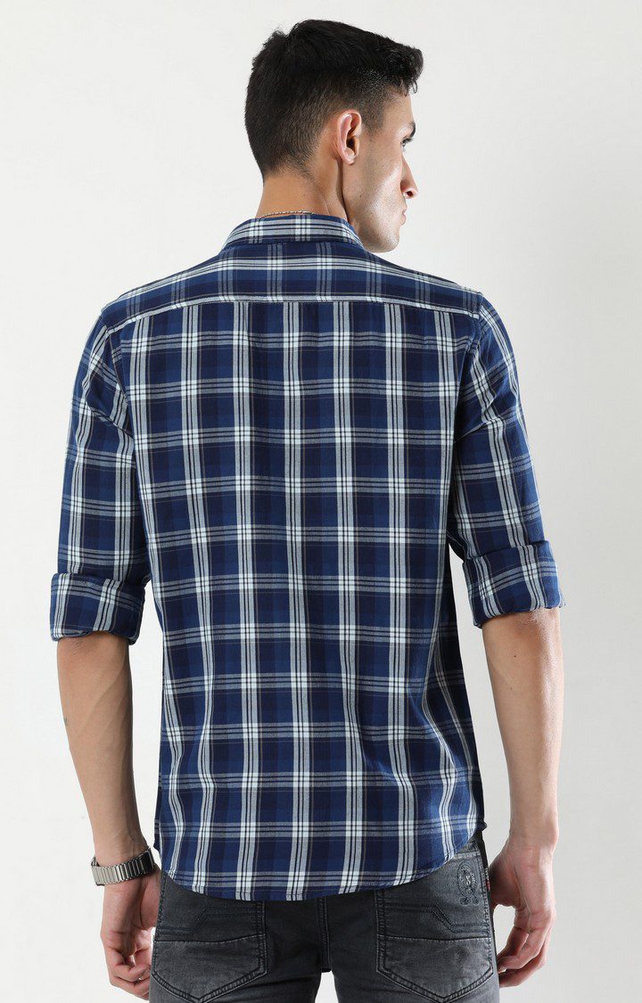 Men's Navy Blue Checked Casual Shirt