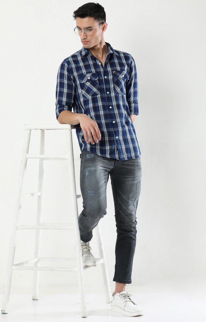 Men's Navy Blue Checked Casual Shirt