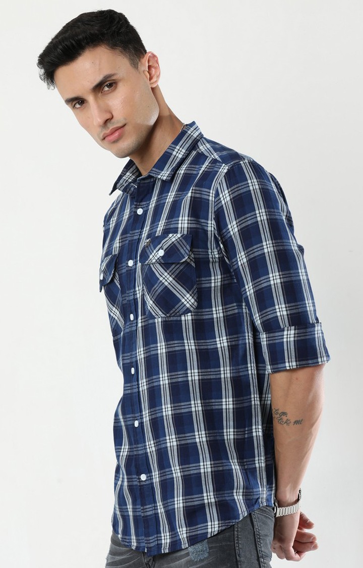 Men's Navy Blue Checked Casual Shirt