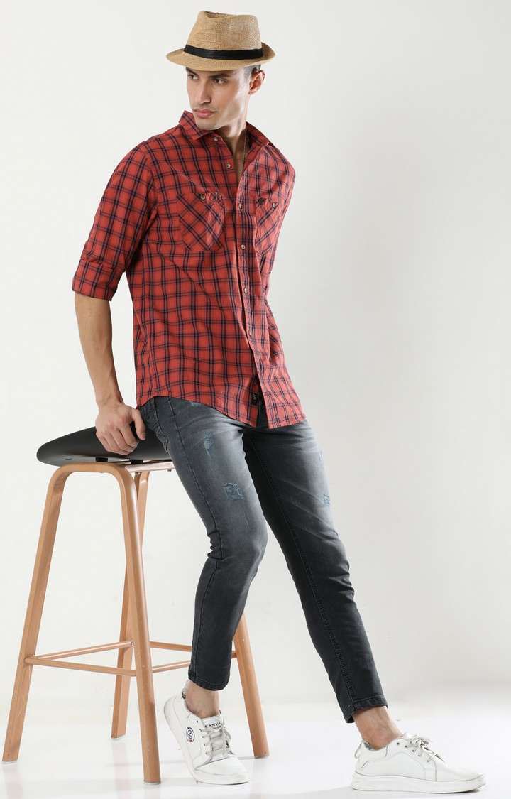 Men's Rust Checked Casual Shirt