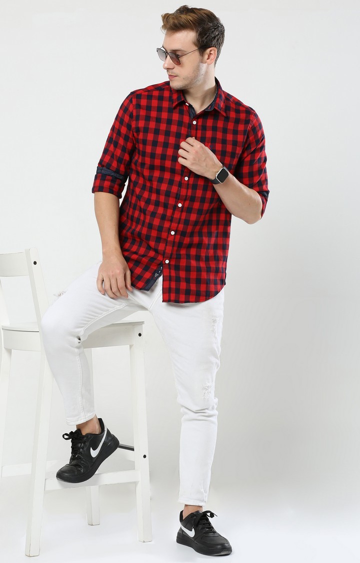 Men's Red Checked Casual Shirt